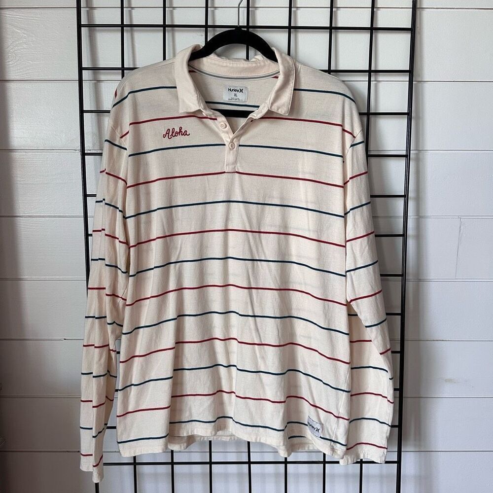 Hurley LS Polo Shirt Men's XL Cream Aloha Logo Channels Stripe